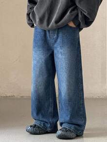 DAZY Young Boy Patchwork Leopard Print Pocket Wide Leg Loose Casual Denim Jeans - Dark Wash - View 3