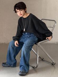 DAZY Young Boy Patchwork Leopard Print Pocket Wide Leg Loose Casual Denim Jeans - Dark Wash - View 6