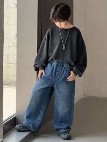 DAZY Young Boy Patchwork Leopard Print Pocket Wide Leg Loose Casual Denim Jeans - Dark Wash - View 4