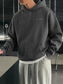 DAZY Men's Grey Casual Letter Embroidered Hoodie Fall,Winter - Dark Grey - View 4