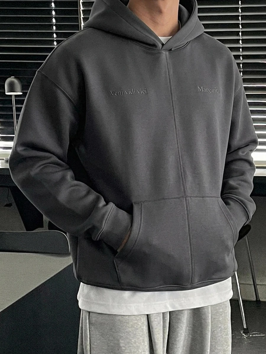 DAZY Men's Grey Casual Letter Embroidered Hoodie Fall,Winter - Dark Grey - View 1