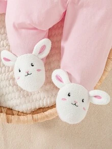 SHEIN 4件組新生女嬰連身褲套裝，可愛甜美粉色白色兔子貼花 3D 耳朵長袖圓領，適合生日派對、秋季假期，舒適保暖 - 淺粉色 - 查看 9