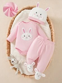 SHEIN 4件組新生女嬰連身褲套裝，可愛甜美粉色白色兔子貼花 3D 耳朵長袖圓領，適合生日派對、秋季假期，舒適保暖 - 淺粉色 - 查看 7