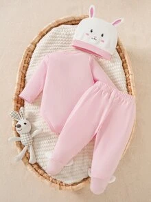 SHEIN 4件組新生女嬰連身褲套裝，可愛甜美粉色白色兔子貼花 3D 耳朵長袖圓領，適合生日派對、秋季假期，舒適保暖 - 淺粉色 - 查看 5