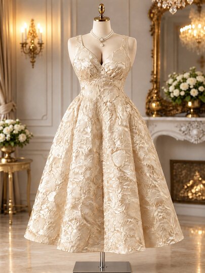 DreamSkyne Elegante vestido de fiesta para cena formal color champán dorado con tirantes finos, escote en V, sin mangas, cintura ceñida y falda midi completa para Año Nuevo, Navidad y verano