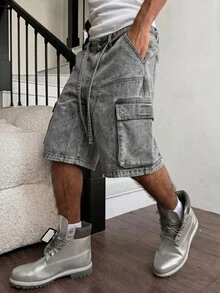 Manfinity EMRG Men's Streetwear Casual Multi-Pocket Cargo Waist Rope Grey Denim Shorts - Dark Grey - View 8