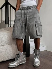 Manfinity EMRG Men's Streetwear Casual Multi-Pocket Cargo Waist Rope Grey Denim Shorts - Dark Grey - View 6