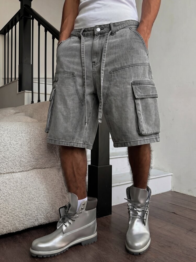 Manfinity EMRG Men's Streetwear Casual Multi-Pocket Cargo Waist Rope Grey Denim Shorts - Dark Grey - View 6