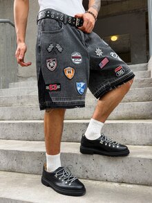 Manfinity EMRG Men's Summer Embroidered Denim Shorts, Loose Street Style Streetwear Bermuda Shorts Independence Day Boxing Dark Grey, Holiday - Dark Grey - View 4