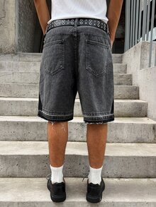Manfinity EMRG Men's Summer Embroidered Denim Shorts, Loose Street Style Streetwear Bermuda Shorts Independence Day Boxing Dark Grey, Holiday - Dark Grey - View 2