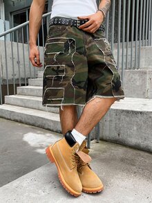 Manfinity EMRG Men's Summer Camouflage Patchwork Denim Shorts, Fashionable Streetwear Loose Shorts Holiday Dark Green - Army Green - View 5