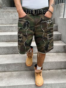 Manfinity EMRG Men's Summer Camouflage Patchwork Denim Shorts, Fashionable Streetwear Loose Shorts Holiday Dark Green - Army Green - View 7