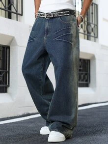 Manfinity EMRG Men's Vintage Washed Blue Loose Casual Wide Leg Jeans - Dark Wash - View 4