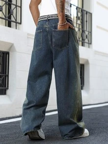 Manfinity EMRG Men's Vintage Washed Blue Loose Casual Wide Leg Jeans - Dark Wash - View 2