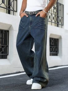 Manfinity EMRG Men's Vintage Washed Blue Loose Casual Wide Leg Jeans - Dark Wash - View 7