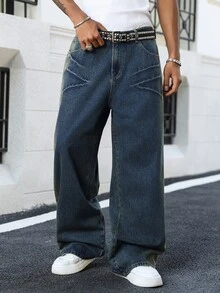 Manfinity EMRG Men's Vintage Washed Blue Loose Casual Wide Leg Jeans - Dark Wash - View 6