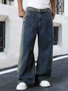 Manfinity EMRG Men's Vintage Washed Blue Loose Casual Wide Leg Jeans - Dark Wash - View 9