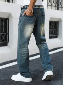 Manfinity EMRG Jeans de mezclilla rectos y sueltos con efecto desgastado en azul retro, estilo callejero juvenil para primavera/verano - Azul - Ver 2