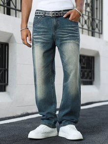 Manfinity EMRG Jeans de mezclilla rectos y sueltos con efecto desgastado en azul retro, estilo callejero juvenil para primavera/verano - Azul - Ver 6