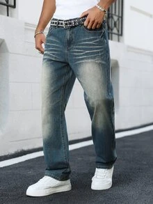 Manfinity EMRG Jeans de mezclilla rectos y sueltos con efecto desgastado en azul retro, estilo callejero juvenil para primavera/verano - Azul - Ver 4