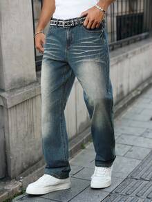 Manfinity EMRG Jeans de mezclilla rectos y sueltos con efecto desgastado en azul retro, estilo callejero juvenil para primavera/verano - Azul - Ver 3