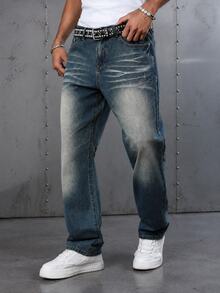 Manfinity EMRG Jeans de mezclilla rectos y sueltos con efecto desgastado en azul retro, estilo callejero juvenil para primavera/verano - Azul - Ver 1