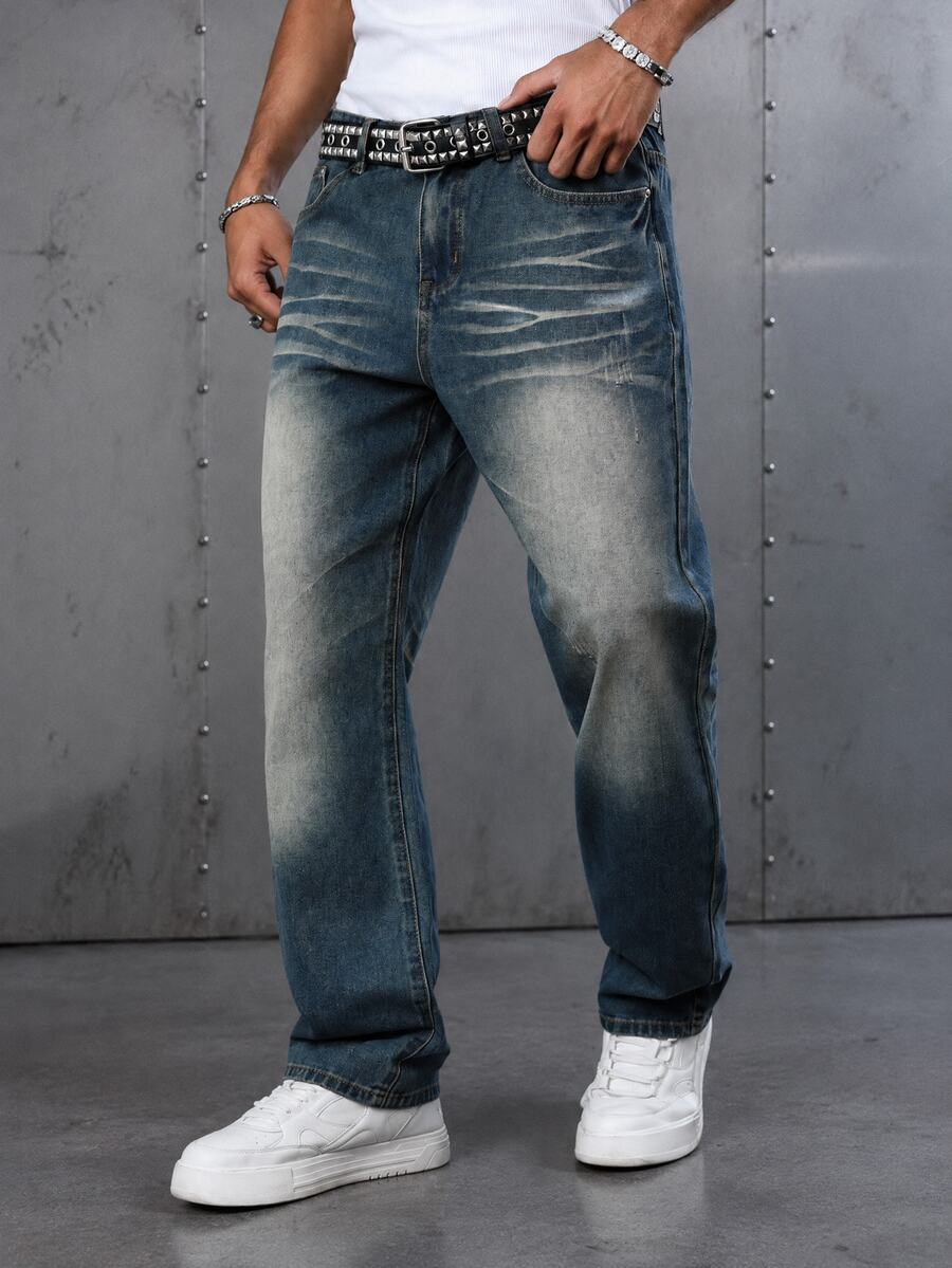 Manfinity EMRG Jeans de mezclilla rectos y sueltos con efecto desgastado en azul retro, estilo callejero juvenil para primavera/verano - Azul - Ver 1