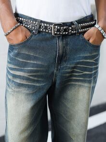 Manfinity EMRG Jeans de mezclilla rectos y sueltos con efecto desgastado en azul retro, estilo callejero juvenil para primavera/verano - Azul - Ver 5