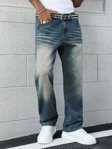 Manfinity EMRG Jeans de mezclilla rectos y sueltos con efecto desgastado en azul retro, estilo callejero juvenil para primavera/verano - Azul - Ver 7