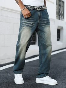 Manfinity EMRG Jeans de mezclilla rectos y sueltos con efecto desgastado en azul retro, estilo callejero juvenil para primavera/verano - Azul - Ver 8