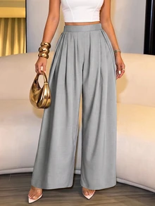 SOLERSUN Women's Light Grey High Waist Pleated Draped Wide Leg Suit Pants With Side PocketsVersatile For Daily Parties Office Business Autumn Casual - Grey - View 2