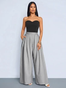 SOLERSUN Women's Light Grey High Waist Pleated Draped Wide Leg Suit Pants With Side PocketsVersatile For Daily Parties Office Business Autumn Casual - Grey - View 8