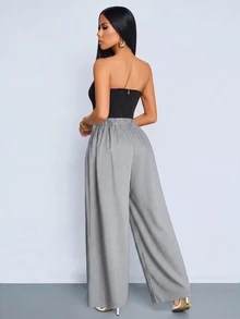 SOLERSUN Women's Light Grey High Waist Pleated Draped Wide Leg Suit Pants With Side PocketsVersatile For Daily Parties Office Business Autumn Casual - Grey - View 3