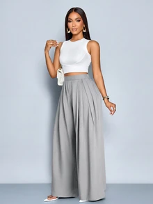 SOLERSUN Women's Light Grey High Waist Pleated Draped Wide Leg Suit Pants With Side PocketsVersatile For Daily Parties Office Business Autumn Casual - Grey - View 4