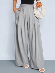 SOLERSUN Women's Light Grey High Waist Pleated Draped Wide Leg Suit Pants With Side PocketsVersatile For Daily Parties Office Business Autumn Casual - Grey - View 10