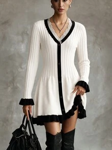 SHEIN Women's Autumn/Winter Elegant White Lace V-Neck Black Trim Front Button Decor Ribbed Flared Sleeve Ruffle Hem Sweater Dress, Suitable For Casual Afternoon Tea Date Gathering Shopping - Black and White - View 2