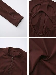 Fluxe Women's Brown Long Sleeve Front Zipper Jumpsuit With Flared Pants And Hollow Back Design - Coffee Brown - View 8