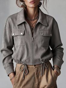 Ceyna Plus Size Women's French Casual Elegant Loose Long Sleeve Jacket Fall - Grey - View 5