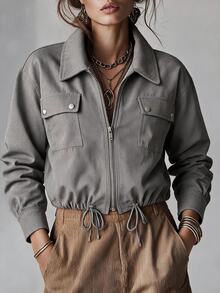 Ceyna Plus Size Women's French Casual Elegant Loose Long Sleeve Jacket Fall - Grey - View 1