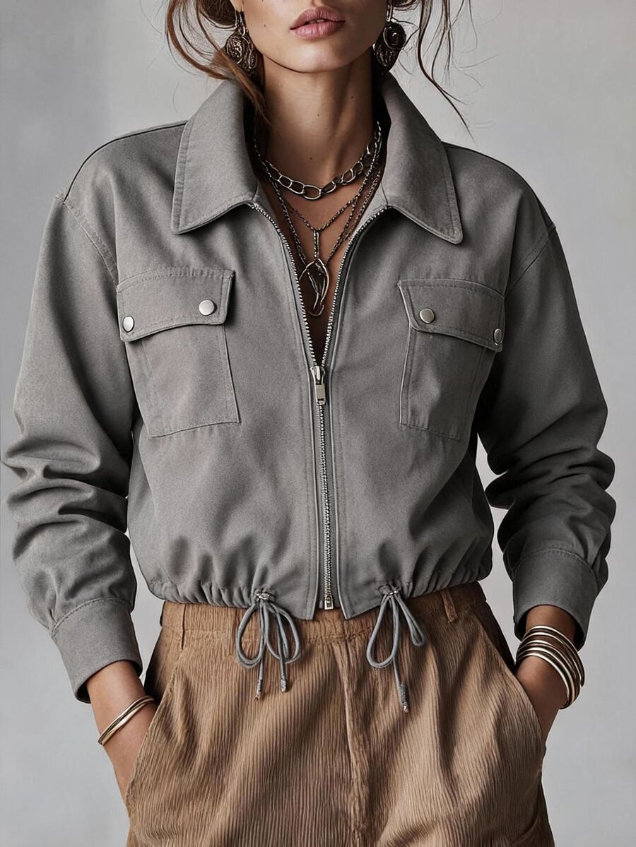 Ceyna Plus Size Women's French Casual Elegant Loose Long Sleeve Jacket Fall - Grey - View 1
