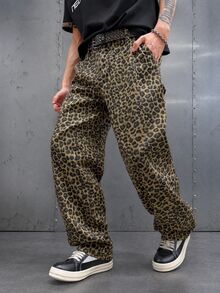Manfinity EMRG Men's Casual Streatwear Street Leopard Print Loose Fit Jeans, Fashionable Streetwear Pants Brown Zebra Print Summer Night Party Rave - Multicolor - View 1