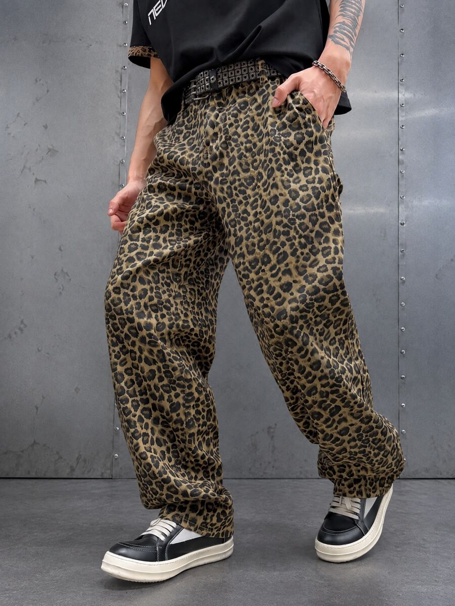 Manfinity EMRG Men's Casual Streatwear Street Leopard Print Loose Fit Jeans, Fashionable Streetwear Pants Brown Zebra Print Summer Night Party Rave - Multicolor - View 1