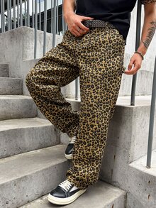 Manfinity EMRG Men's Casual Streatwear Street Leopard Print Loose Fit Jeans, Fashionable Streetwear Pants Brown Zebra Print Summer Night Party Rave - Multicolor - View 5