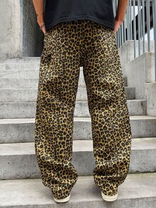 Manfinity EMRG Men's Casual Streatwear Street Leopard Print Loose Fit Jeans, Fashionable Streetwear Pants Brown Zebra Print Summer Night Party Rave - Multicolor - View 2