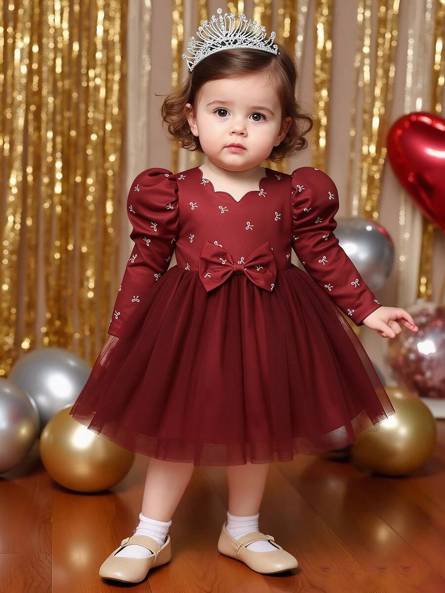 SHEIN 幼女甜美酒紅色蝴蝶結印花蓬蓬紗裙 長袖泡泡袖波浪邊 常規版 生日派對 假日 秋季 芭蕾 婚禮 優雅風 - 酒紅色 - 查看 1