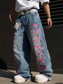 Manfinity EMRG Men's Casual Street Style Embroidered Blue Denim Jeans - Light Wash - View 6