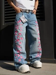 Manfinity EMRG Men's Casual Street Style Embroidered Blue Denim Jeans - Light Wash - View 3