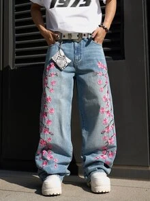 Manfinity EMRG Men's Casual Street Style Embroidered Blue Denim Jeans - Light Wash - View 7