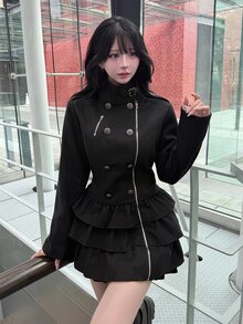FRIFUL Women's Solid Color Double-Breasted Zipper Placket Multi-Layer Ruffle Hem Fashion Overcoat Winter Night Out Date Night Black Elegant - Black - View 9