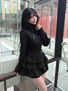 FRIFUL Women's Solid Color Double-Breasted Zipper Placket Multi-Layer Ruffle Hem Fashion Overcoat Winter Night Out Date Night Black Elegant - Black - View 7